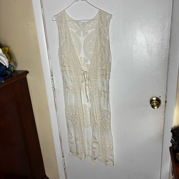 Rebellion cream embroidered mesh sleeveless tie front boho duster mermaidcore - Picture 3 of 10